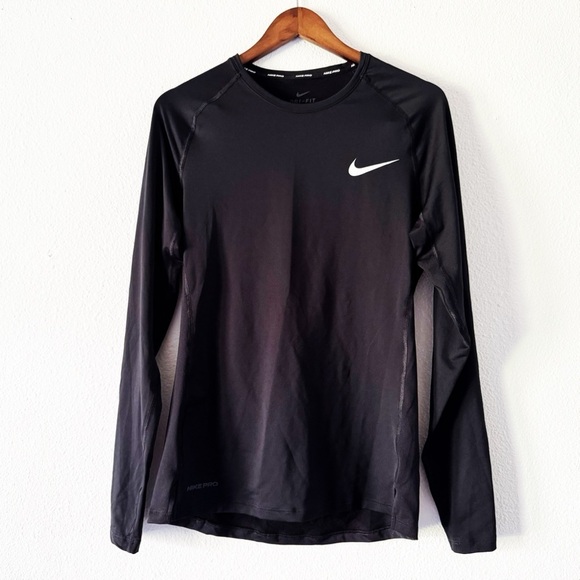 Nike Pro Slim Fit Training Shirt Black Long Sleeve Athletic Swoosh Logo Lg NEW - Picture 2 of 12